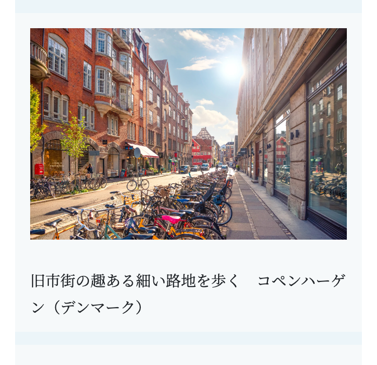 旧市街の趣ある細い路地を歩く コペンハーゲ
ン(デンマーク)